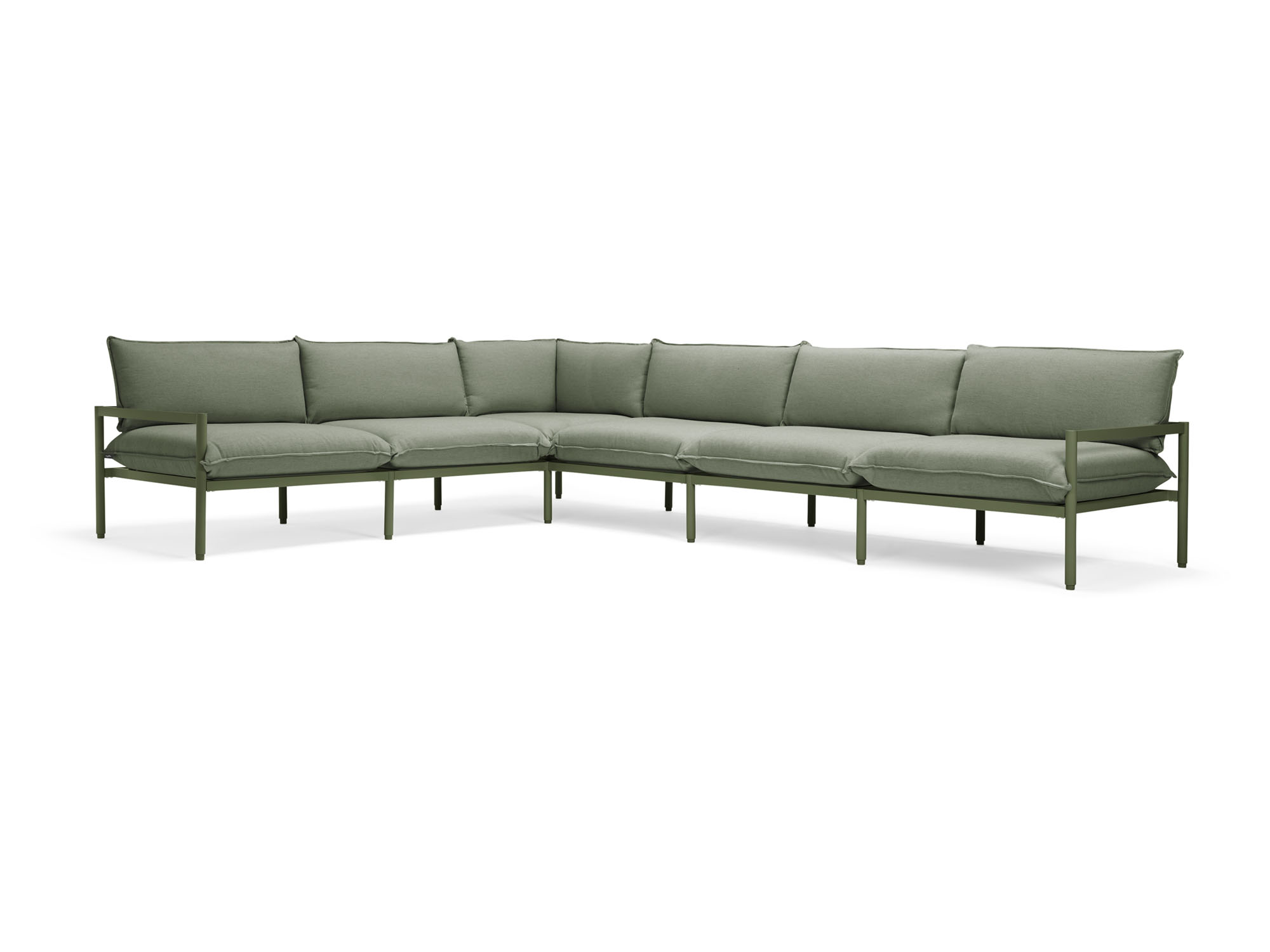 Front angle view of 6-piece green outdoor sectional sofa